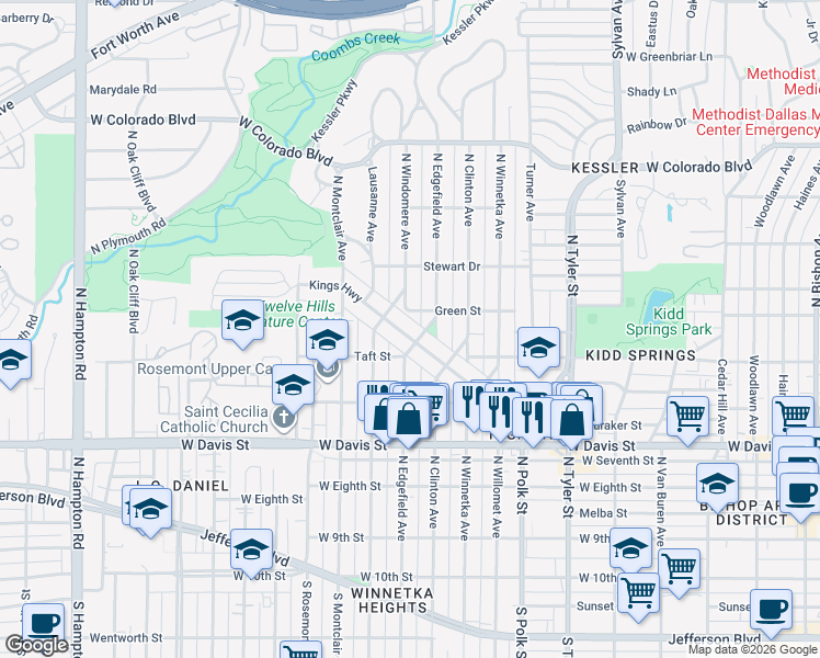 map of restaurants, bars, coffee shops, grocery stores, and more near 1411 Kings Highway in Dallas