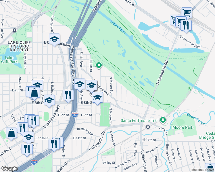 map of restaurants, bars, coffee shops, grocery stores, and more near 420 Sparks Street in Dallas