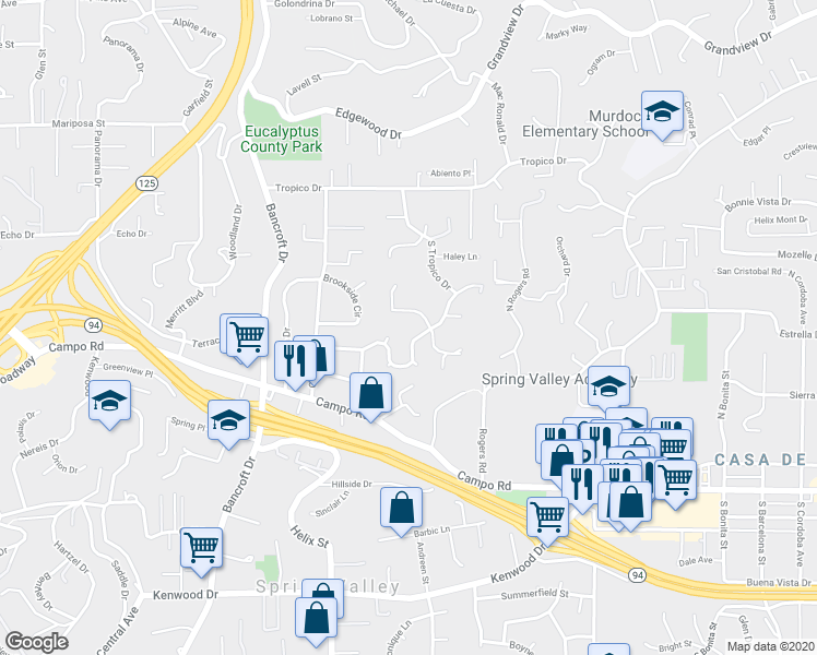 map of restaurants, bars, coffee shops, grocery stores, and more near 4062 South Tropico Drive in La Mesa