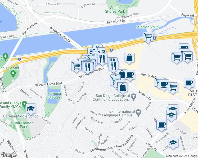 map of restaurants, bars, coffee shops, grocery stores, and more near 3856 Groton Street in San Diego