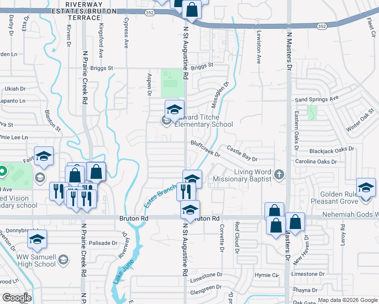 map of restaurants, bars, coffee shops, grocery stores, and more near 2314 North Saint Augustine Drive in Dallas