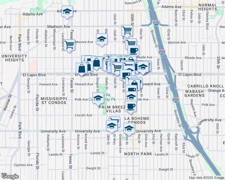 map of restaurants, bars, coffee shops, grocery stores, and more near in San Diego