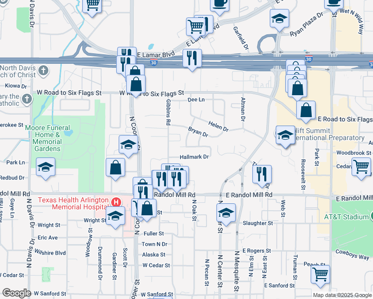 map of restaurants, bars, coffee shops, grocery stores, and more near 1212 Diana Drive in Arlington
