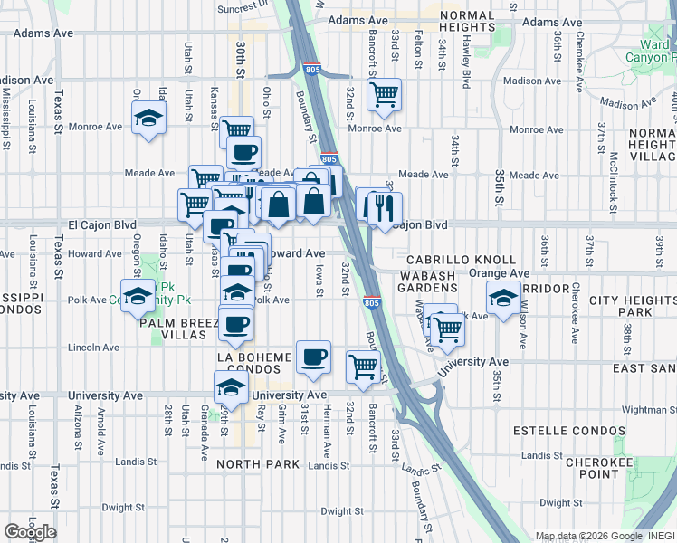 map of restaurants, bars, coffee shops, grocery stores, and more near 3167 Howard Avenue in San Diego