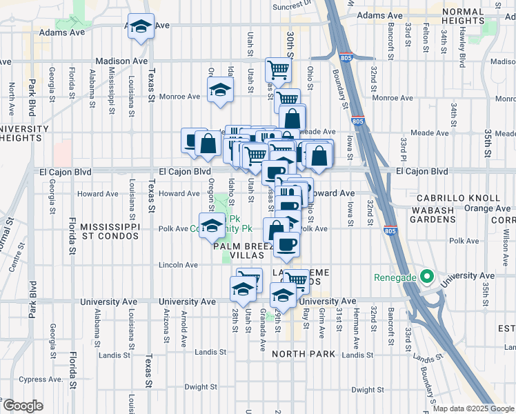 map of restaurants, bars, coffee shops, grocery stores, and more near 4157 Utah Street in San Diego