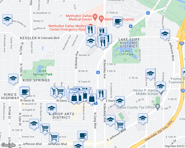 map of restaurants, bars, coffee shops, grocery stores, and more near 900 Elsbeth Street in Dallas