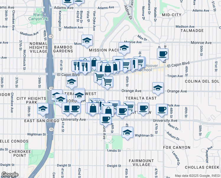 map of restaurants, bars, coffee shops, grocery stores, and more near 4241 Fairmount Avenue in San Diego