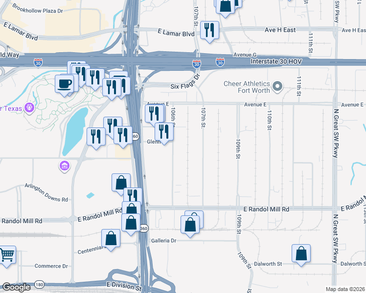 map of restaurants, bars, coffee shops, grocery stores, and more near 700 106th Street in Arlington