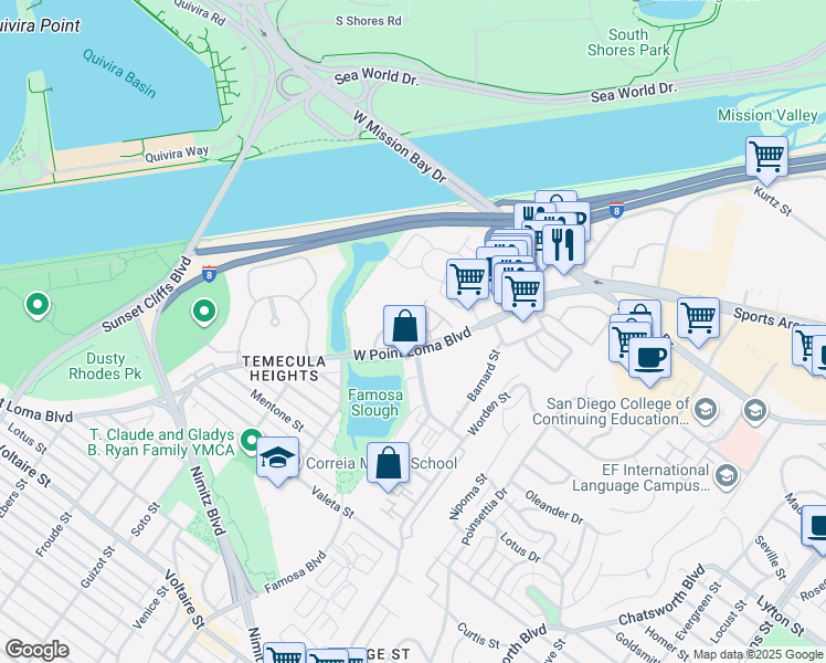 map of restaurants, bars, coffee shops, grocery stores, and more near 3011 Orleans East in San Diego