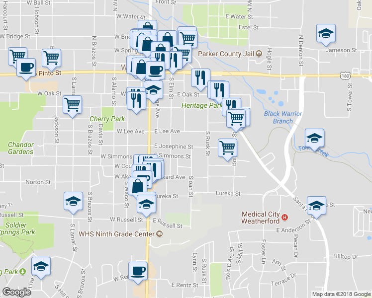 map of restaurants, bars, coffee shops, grocery stores, and more near 214 East Josephine Street in Weatherford