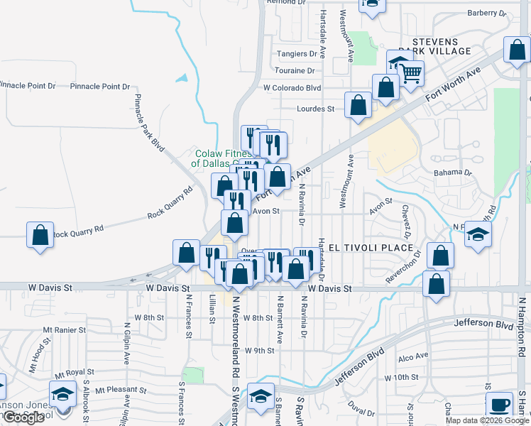 map of restaurants, bars, coffee shops, grocery stores, and more near 3280 Fort Worth Avenue in Dallas