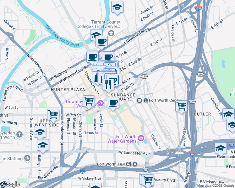 map of restaurants, bars, coffee shops, grocery stores, and more near 777 Main Street in Fort Worth