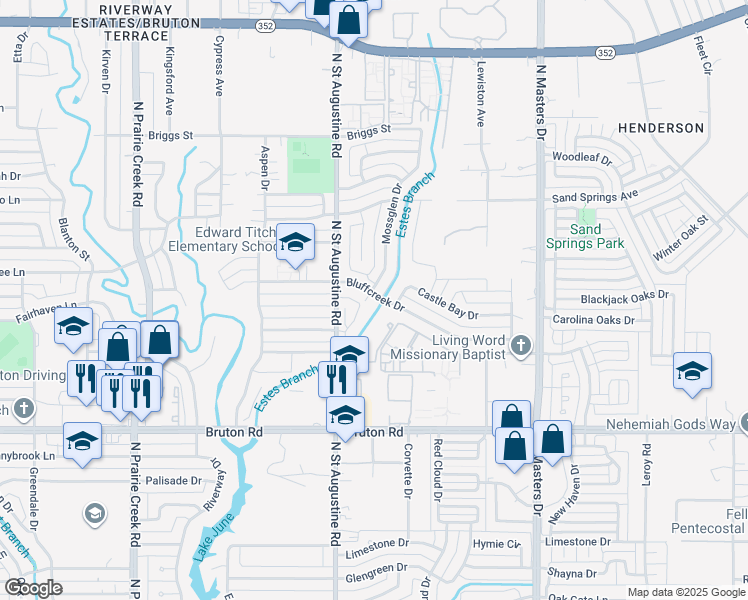 map of restaurants, bars, coffee shops, grocery stores, and more near 9706 Bluffcreek Drive in Dallas