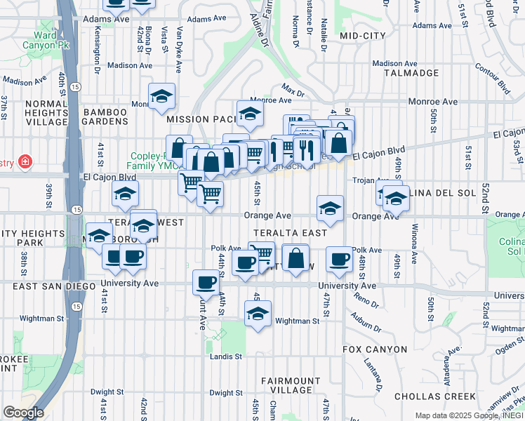 map of restaurants, bars, coffee shops, grocery stores, and more near 4209 45th Street in San Diego