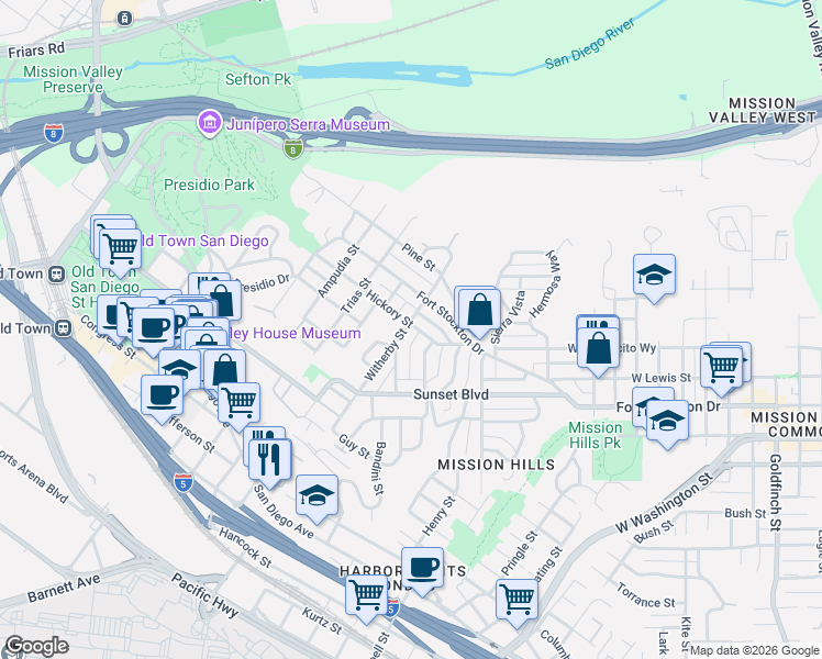 map of restaurants, bars, coffee shops, grocery stores, and more near 2222 Hickory Street in San Diego