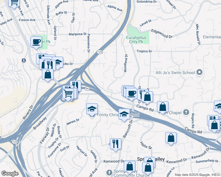 map of restaurants, bars, coffee shops, grocery stores, and more near 4141 Merritt Boulevard in La Mesa