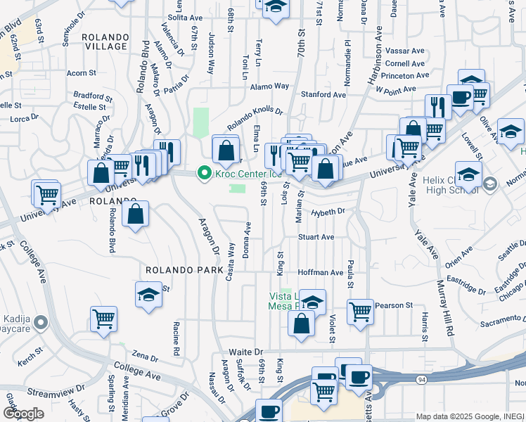 map of restaurants, bars, coffee shops, grocery stores, and more near 4216 69th Street in San Diego