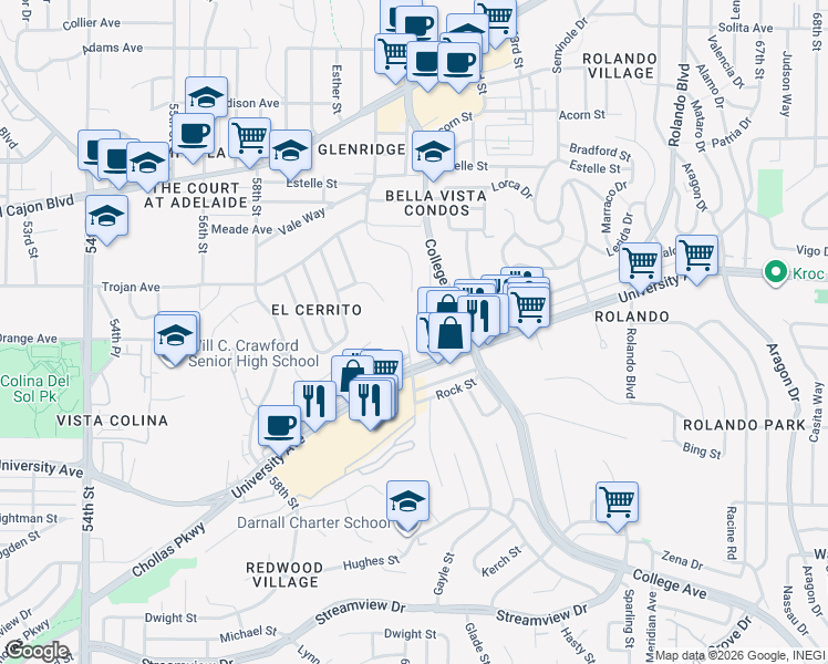 map of restaurants, bars, coffee shops, grocery stores, and more near 4182 60th Street in San Diego