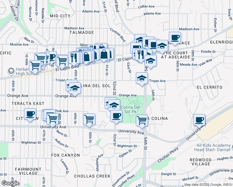 map of restaurants, bars, coffee shops, grocery stores, and more near 4262 52nd Street in San Diego