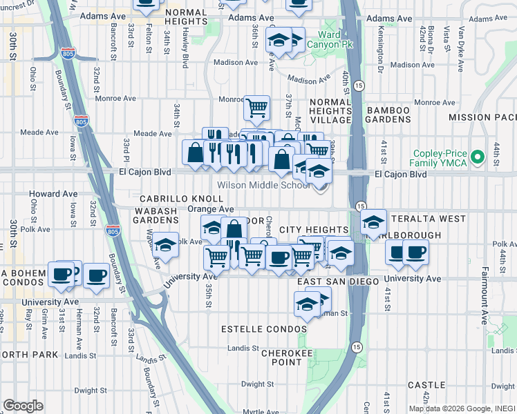 map of restaurants, bars, coffee shops, grocery stores, and more near 4235 36th Street in San Diego