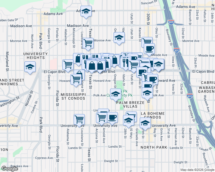 map of restaurants, bars, coffee shops, grocery stores, and more near in San Diego