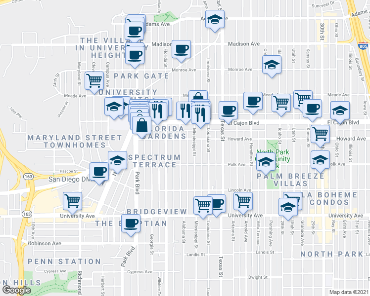 map of restaurants, bars, coffee shops, grocery stores, and more near 4196 Alabama Street in San Diego