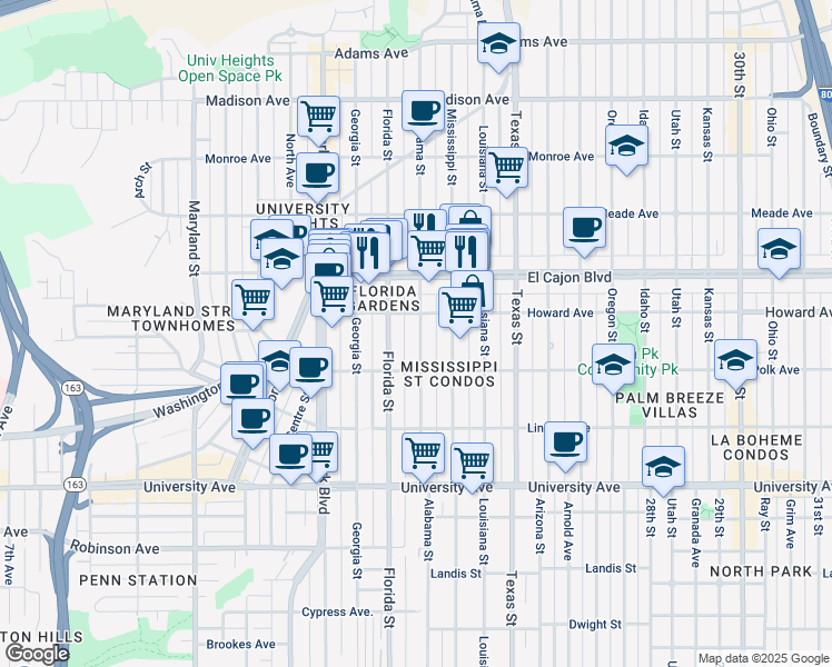 map of restaurants, bars, coffee shops, grocery stores, and more near 4196 Alabama Street in San Diego