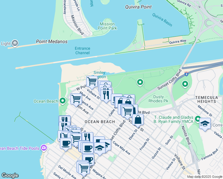 map of restaurants, bars, coffee shops, grocery stores, and more near 5042 West Point Loma Boulevard in San Diego