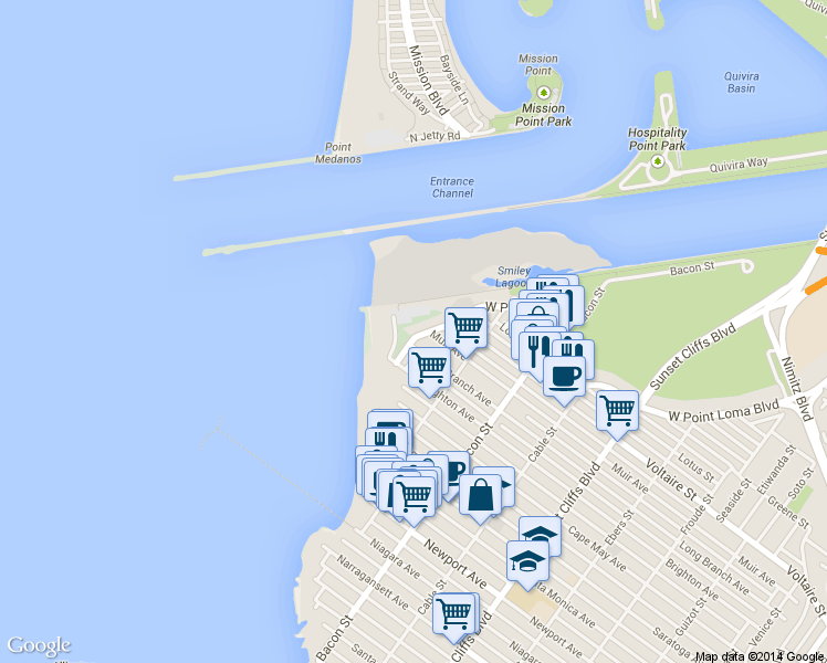 map of restaurants, bars, coffee shops, grocery stores, and more near 5168 West Point Loma Boulevard in San Diego