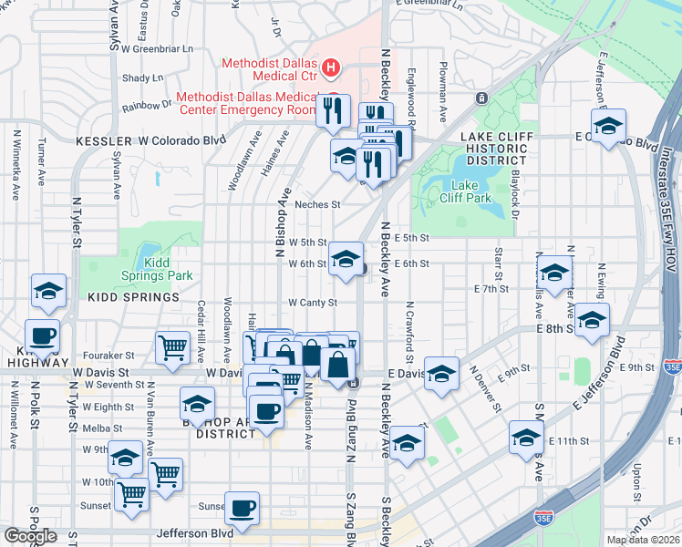 map of restaurants, bars, coffee shops, grocery stores, and more near 900 Elsbeth Street in Dallas