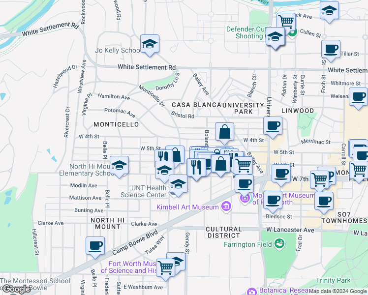 map of restaurants, bars, coffee shops, grocery stores, and more near 3429 West 4th Street in Fort Worth