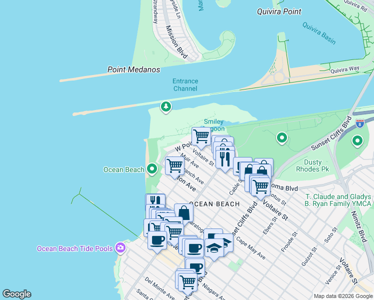 map of restaurants, bars, coffee shops, grocery stores, and more near 5155 West Point Loma Boulevard in San Diego