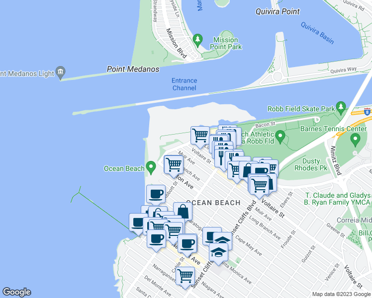 map of restaurants, bars, coffee shops, grocery stores, and more near 5142 West Point Loma Boulevard in San Diego