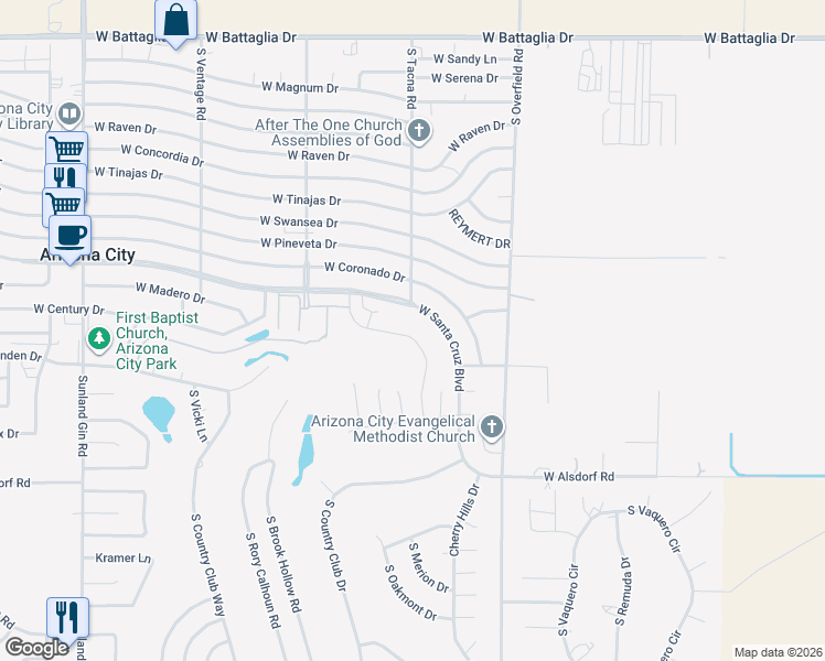 map of restaurants, bars, coffee shops, grocery stores, and more near 8435 West Santa Cruz Boulevard in Arizona City