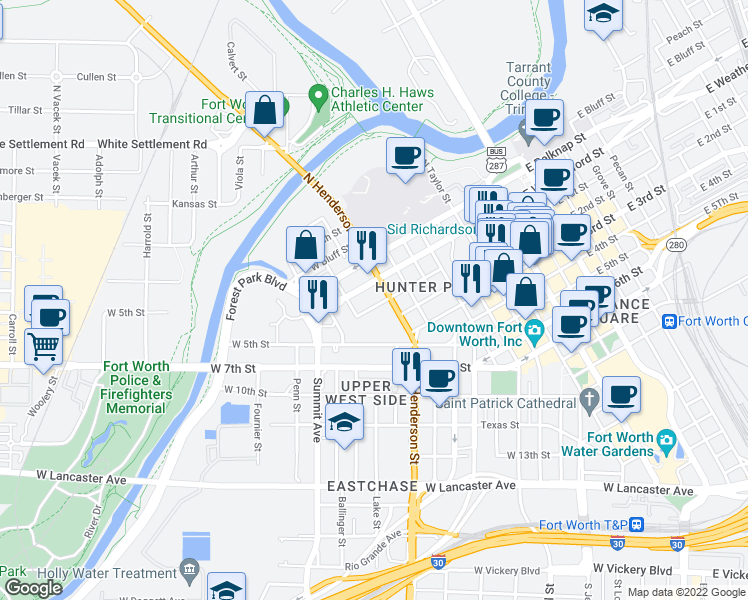 map of restaurants, bars, coffee shops, grocery stores, and more near 912 West 1st Street in Fort Worth