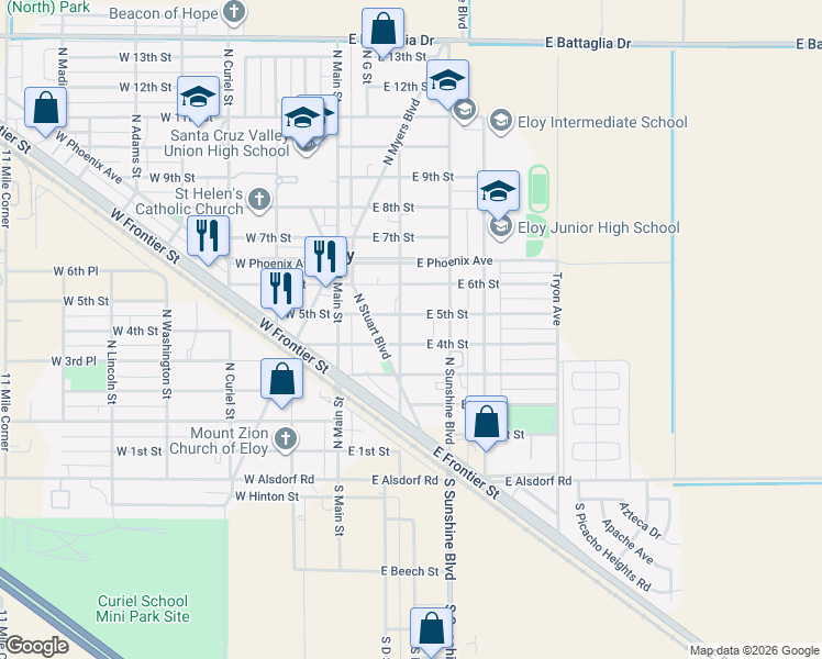 map of restaurants, bars, coffee shops, grocery stores, and more near 401 North D Street in Eloy