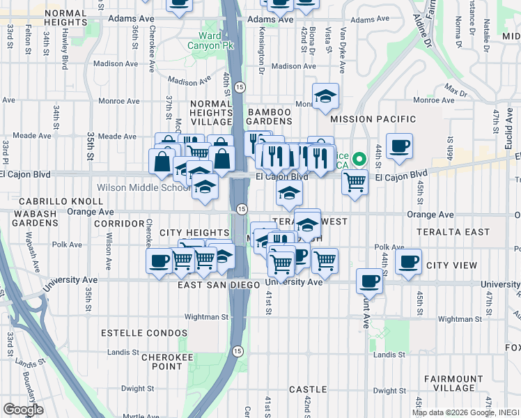 map of restaurants, bars, coffee shops, grocery stores, and more near 4235 Central Avenue in San Diego