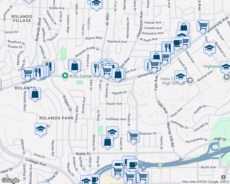 map of restaurants, bars, coffee shops, grocery stores, and more near 7104 Hybeth Drive in La Mesa