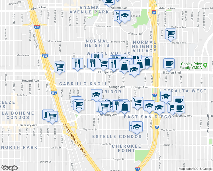 map of restaurants, bars, coffee shops, grocery stores, and more near 3588 Orange Avenue in San Diego