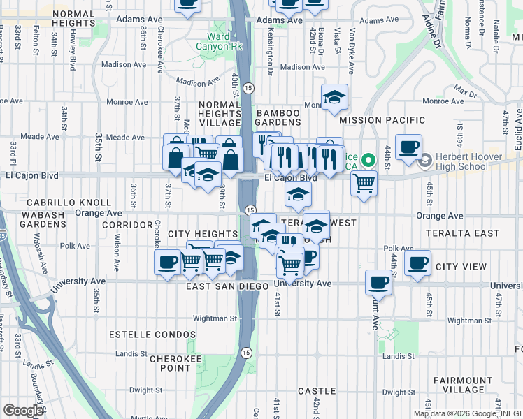 map of restaurants, bars, coffee shops, grocery stores, and more near 4211 Central Avenue in San Diego