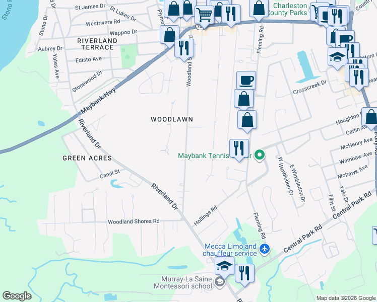 map of restaurants, bars, coffee shops, grocery stores, and more near 429 Woodland Shores Road in Charleston
