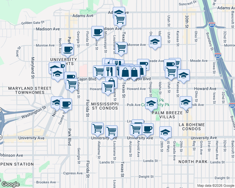 map of restaurants, bars, coffee shops, grocery stores, and more near 4169 Louisiana Street in San Diego