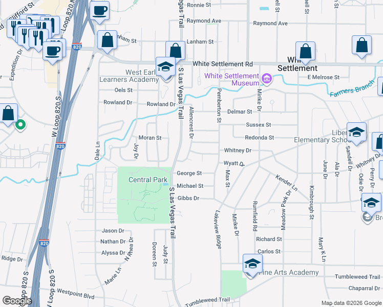 map of restaurants, bars, coffee shops, grocery stores, and more near 524 Allencrest Drive in White Settlement