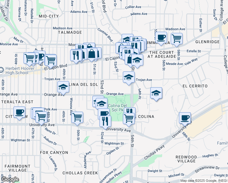 map of restaurants, bars, coffee shops, grocery stores, and more near 5202 Orange Avenue in San Diego
