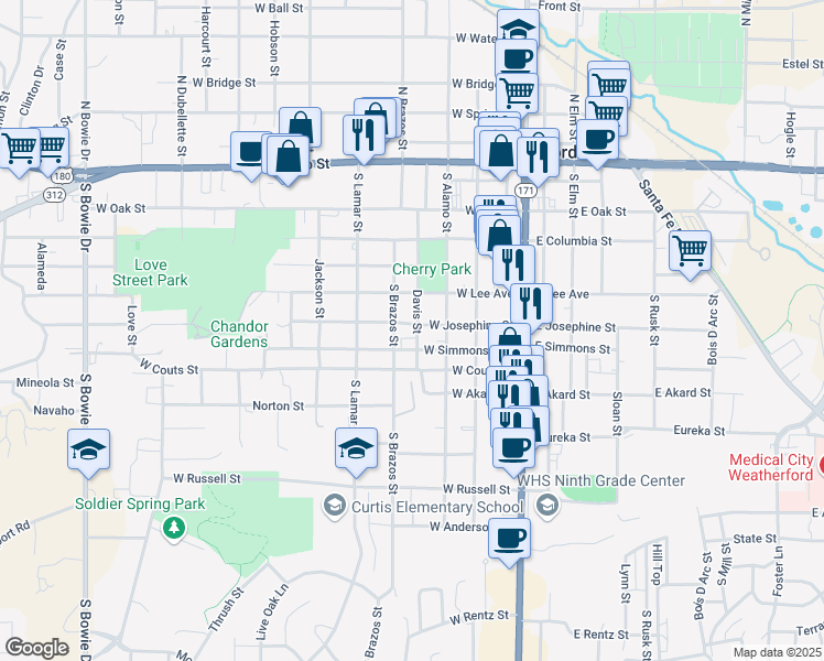 map of restaurants, bars, coffee shops, grocery stores, and more near 313 West Josephine Street in Weatherford