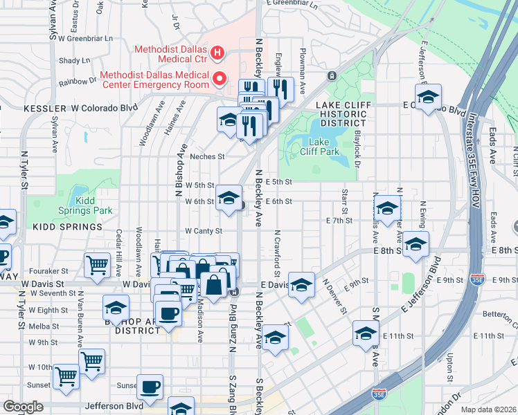 map of restaurants, bars, coffee shops, grocery stores, and more near 907 North Beckley Avenue in Dallas
