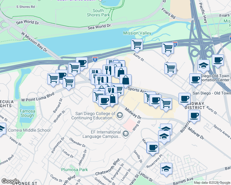 map of restaurants, bars, coffee shops, grocery stores, and more near 3711 Sports Arena Boulevard in San Diego