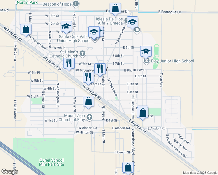 map of restaurants, bars, coffee shops, grocery stores, and more near 118 East 5th Street in Eloy