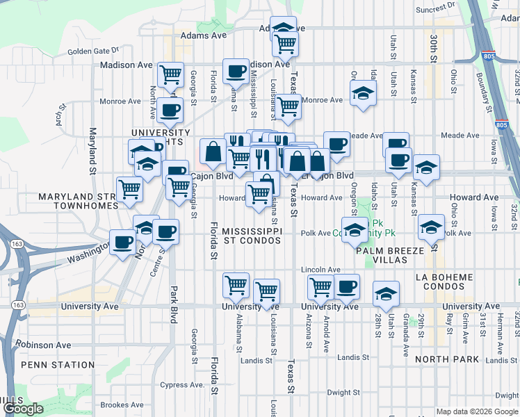 map of restaurants, bars, coffee shops, grocery stores, and more near Mississippi Street in San Diego