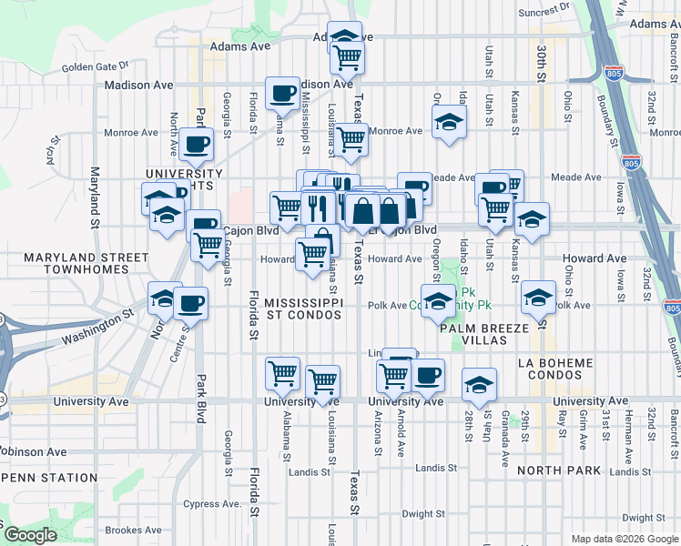 map of restaurants, bars, coffee shops, grocery stores, and more near 4169 Louisiana Street in San Diego